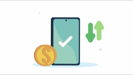 animación de comercio electrónico con teléfono inteligente y dinero de monedas