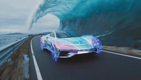 futuristic holographic car driving alongside a giant ocean wave