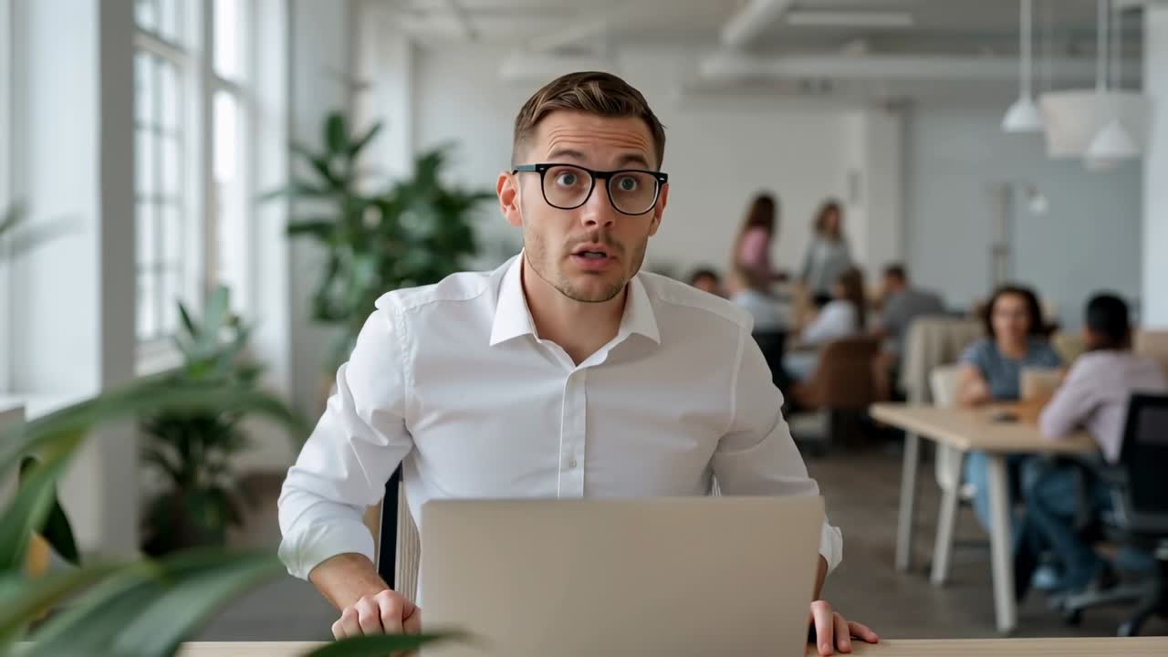 Uomo con occhiali e camicia bianca che, notando un laptop, si appoggia in un ufficio open space e reagisce con sorpresa.
