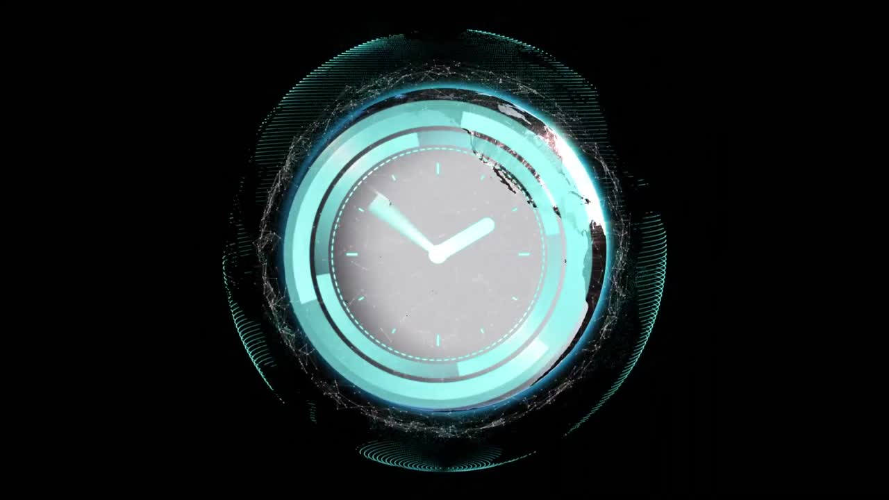 Animation of moving clock over globe on black background