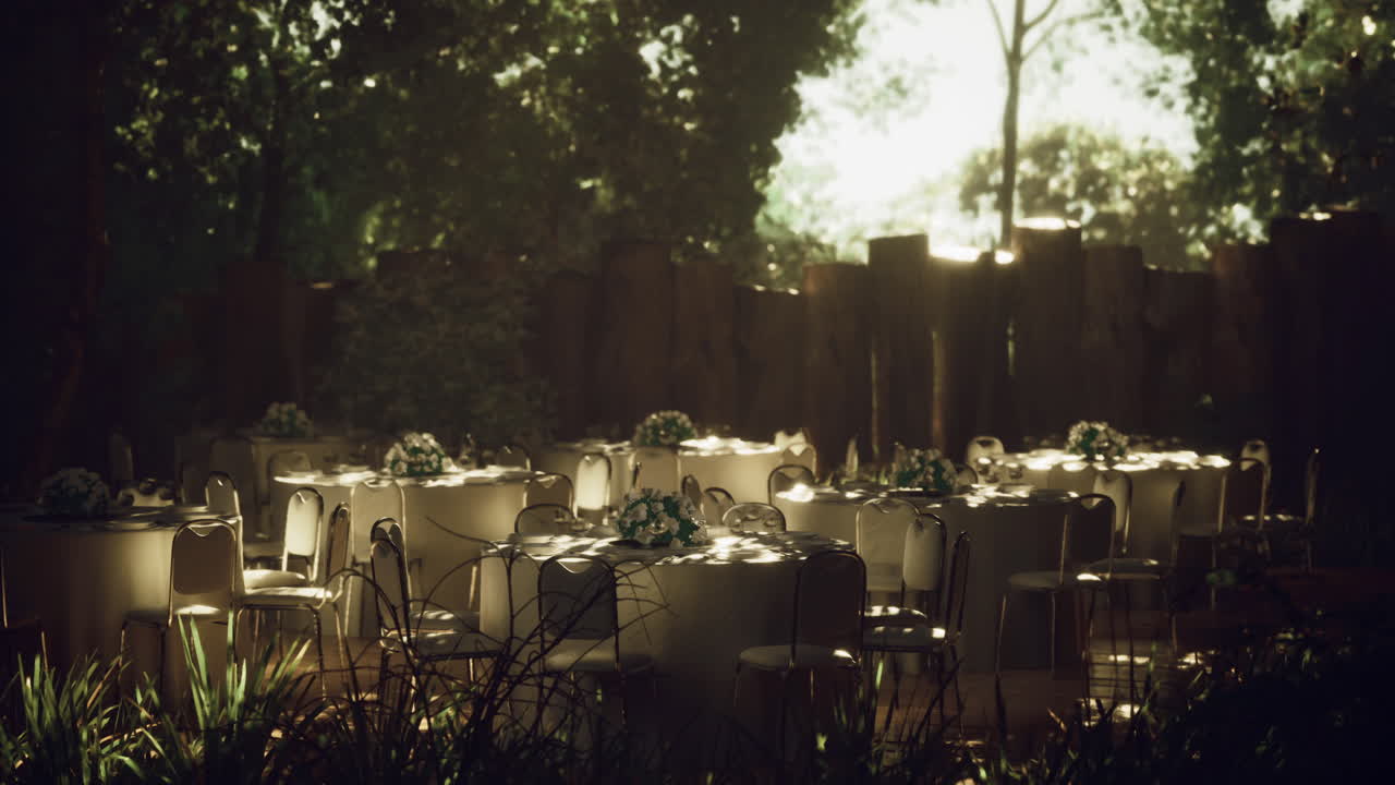 Elegant outdoor dining setup in a serene forest location during golden hour