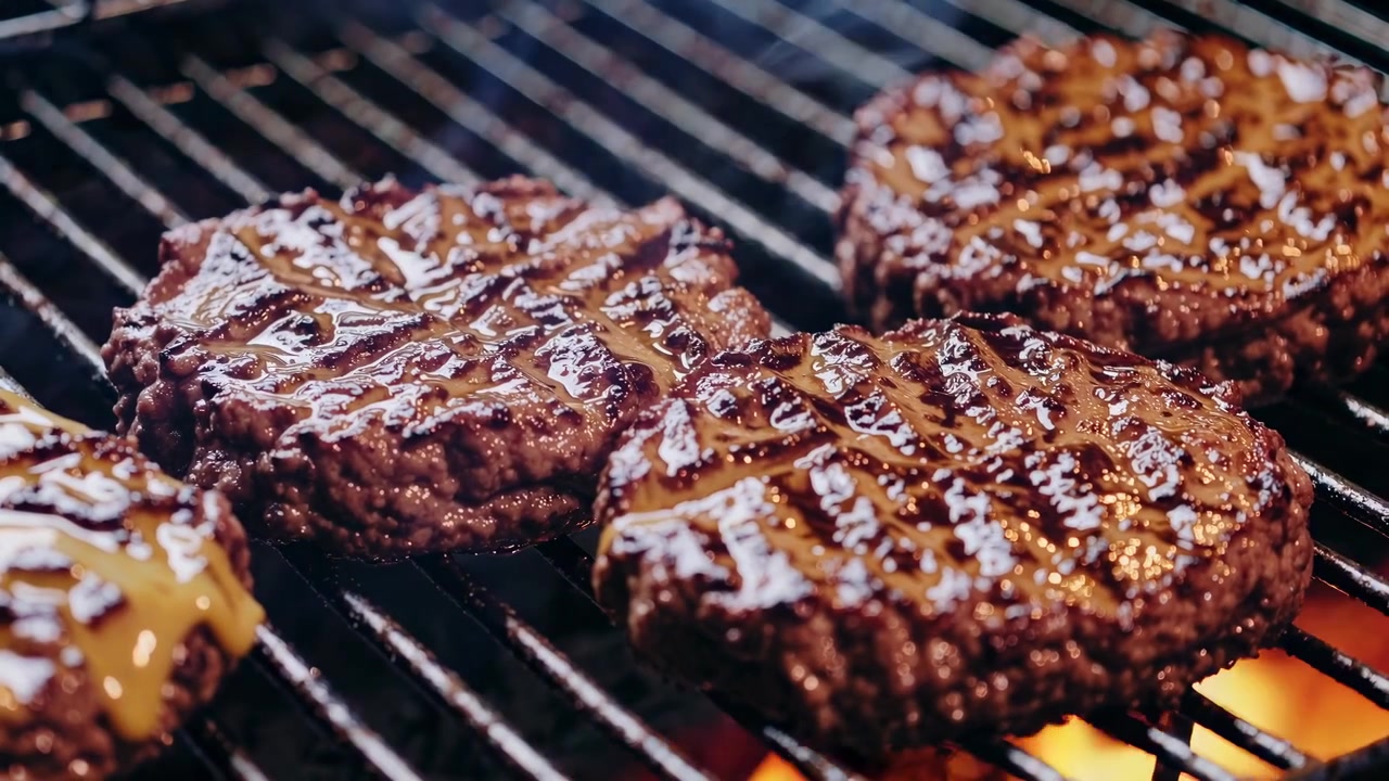 Primo piano di deliziosi hamburger che grigliano con formaggio fuso