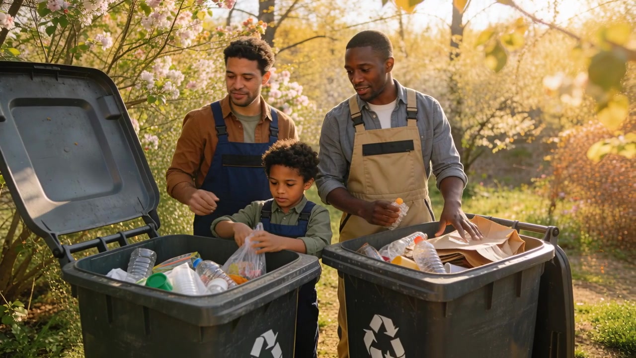 Lifting lids sorting family putting bottles and cardboard into yard recycle bins in aprons teaching