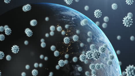 animación de células de covid 19 flotando sobre el planeta tierra