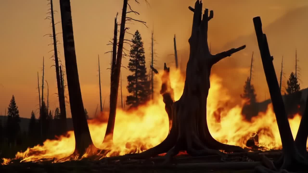 A Dramatic Transformation: Witness the Devastating Beauty of Wildfire Devouring a Forest Landscape at Sunset, Creating an Unforgettable Scene of Nature's Power