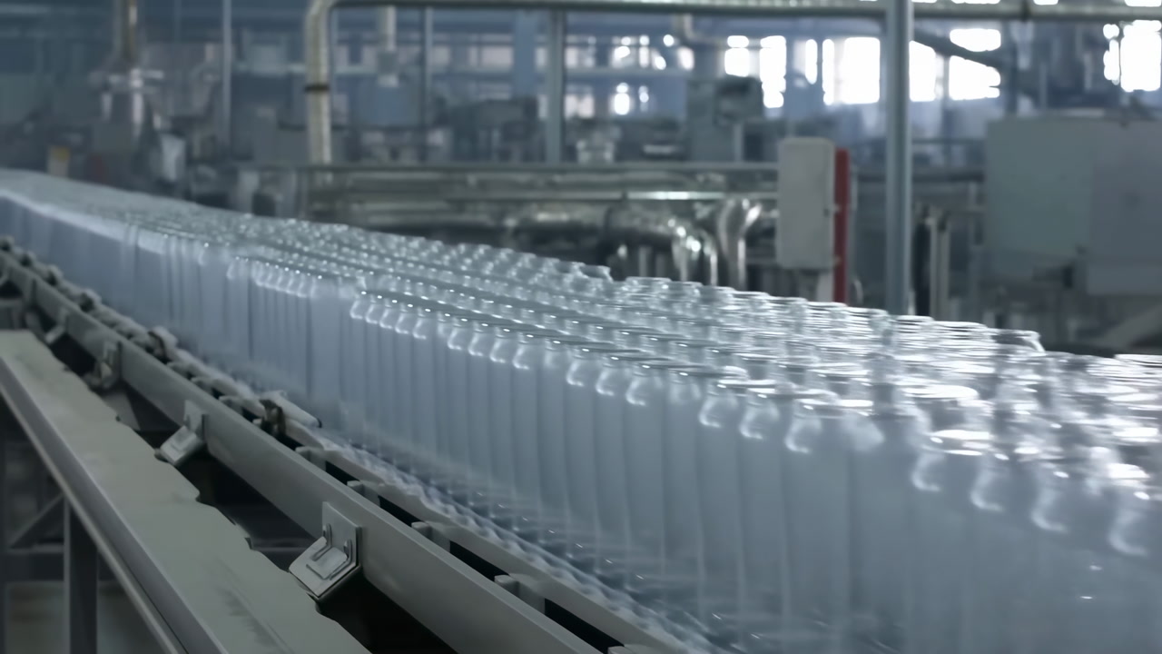 Clear Plastic Bottles On Conveyor Moving Through Highspeed Automated Production Line Inside Modern Factory,