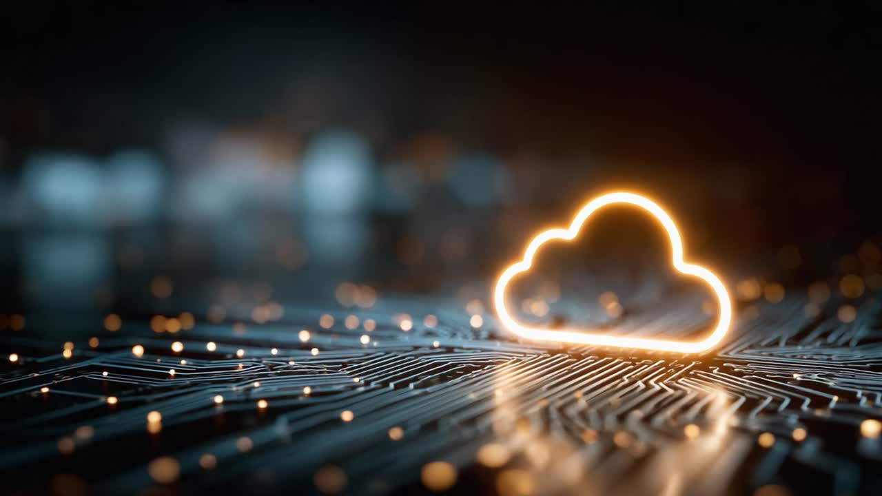 Simbolo di cloud illuminato su una scheda madre con particelle luminose, che rappresenta la tecnologia, la connettività e l'innovazione digitale nel moderno panorama tecnologico