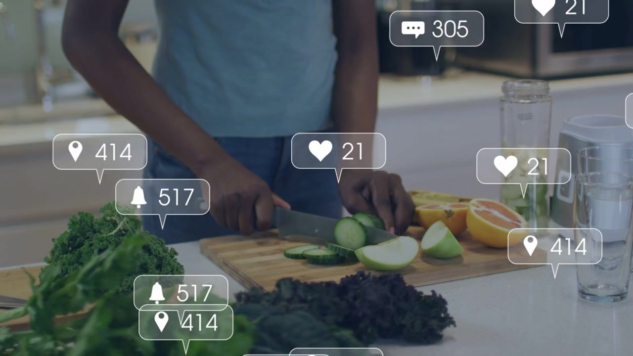 Woman grabbing chef knife slicing cucumber for smoothie social icons increasing over hands