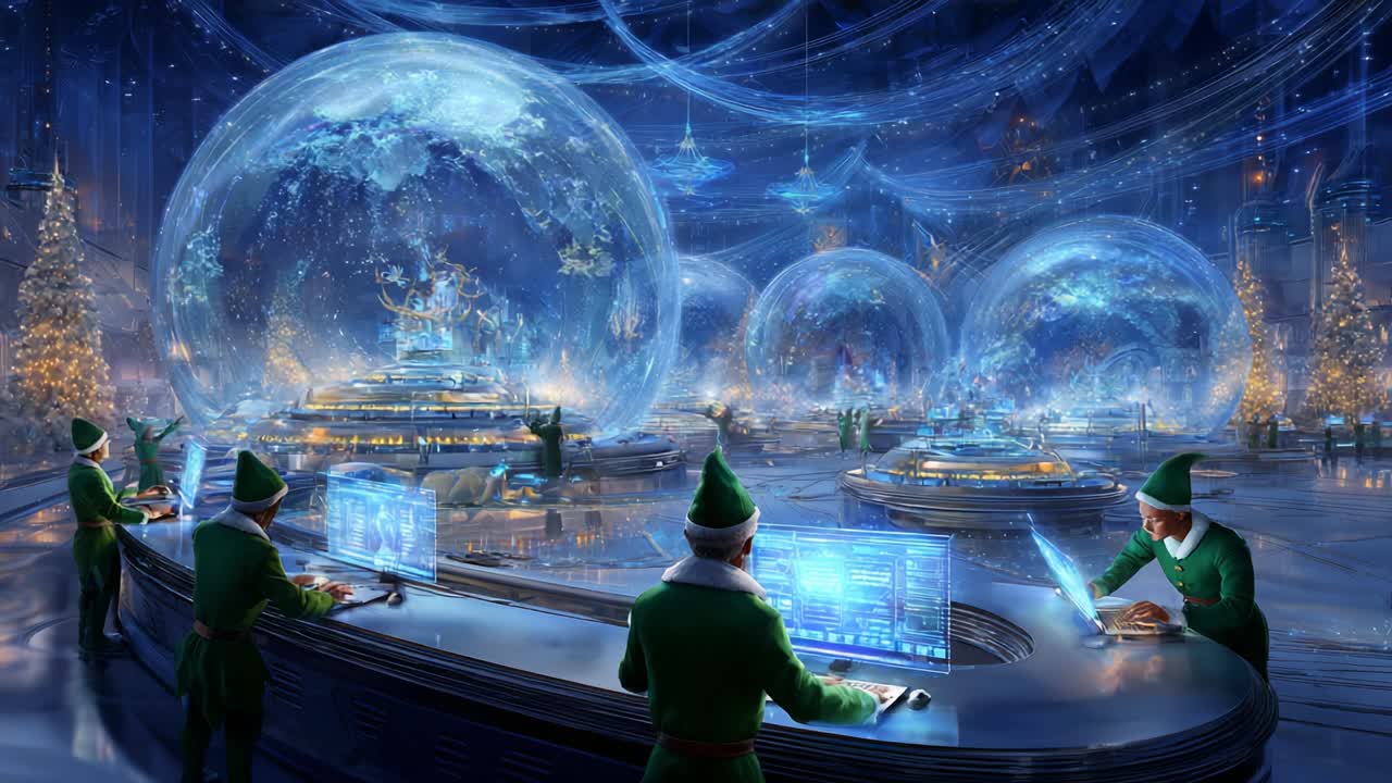 A Spectacular Scene Inside a High-Tech Workshop Where Elves Work Diligently on Christmas Preparations, Surrounded by Sparkling Decorations, Advanced Technology, and Enchanting Holiday Atmosphere