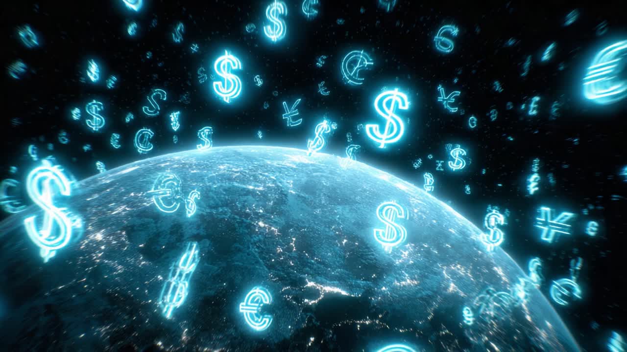 Glowing neon international currency symbols, including the dollar, euro, and yen, flying over planet Earth viewed from space, representing a concept of global finance, economy, and money transfer