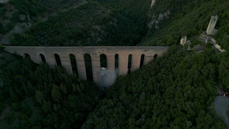 Aerial-Overhead-View-Of-Ponte-Delle-Torri-Striking-Arched-Bridge-In-Spoleto