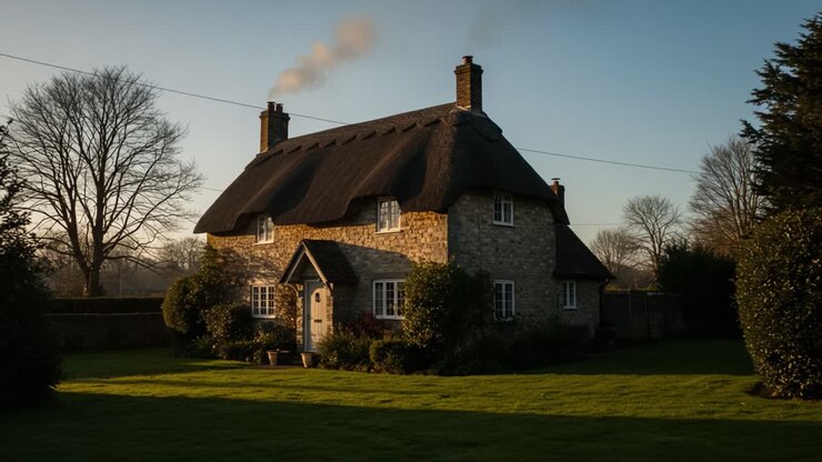 Charmante chaumière au toit de chaume nichée dans une verdure luxuriante avec une douce fumée s'élevant de la cheminée à l'aube, créant une atmosphère pittoresque et sereine à la campagne.