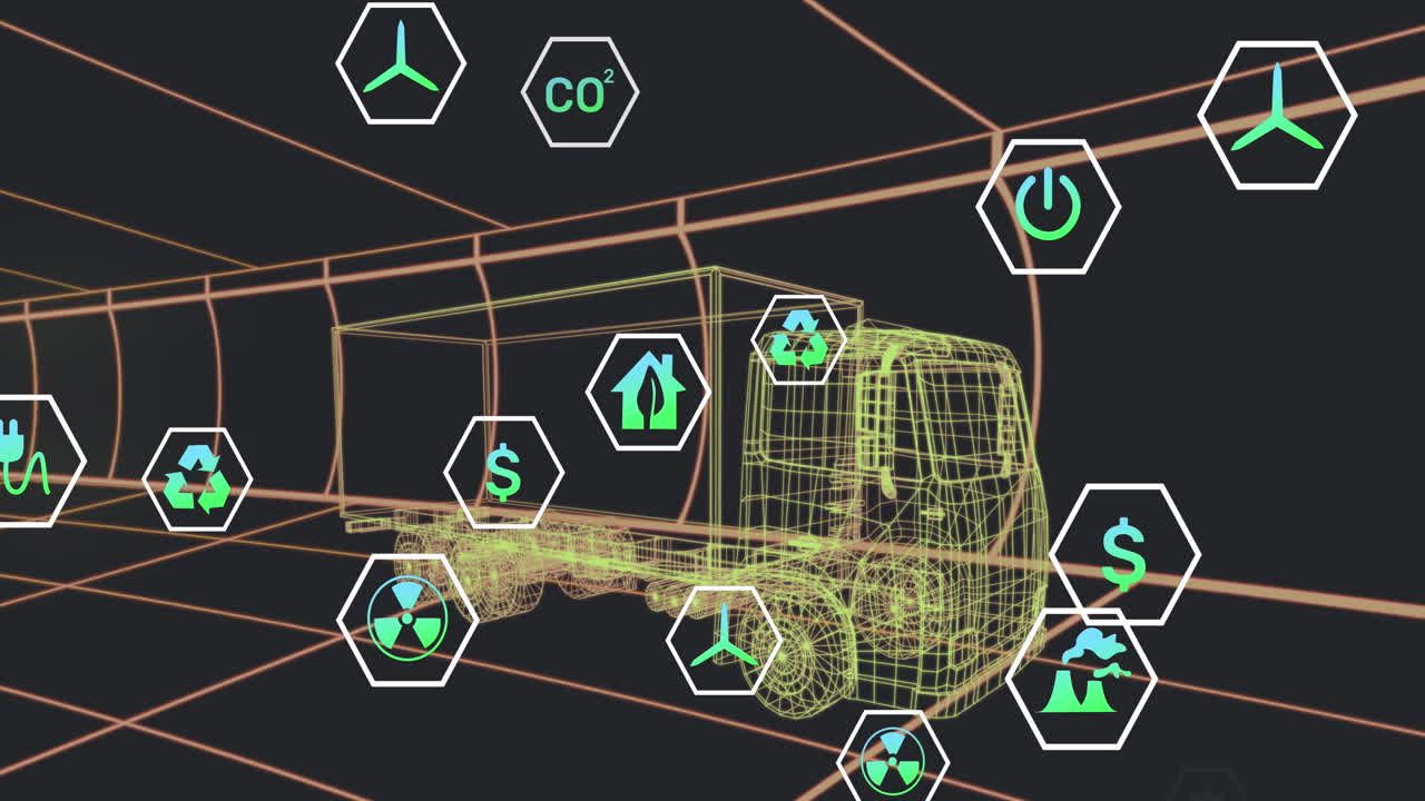 검은 바탕에서 움직이는 3d 트럭 모델 위에서 상태 데이터를 처리하는 아이콘의 애니메이션