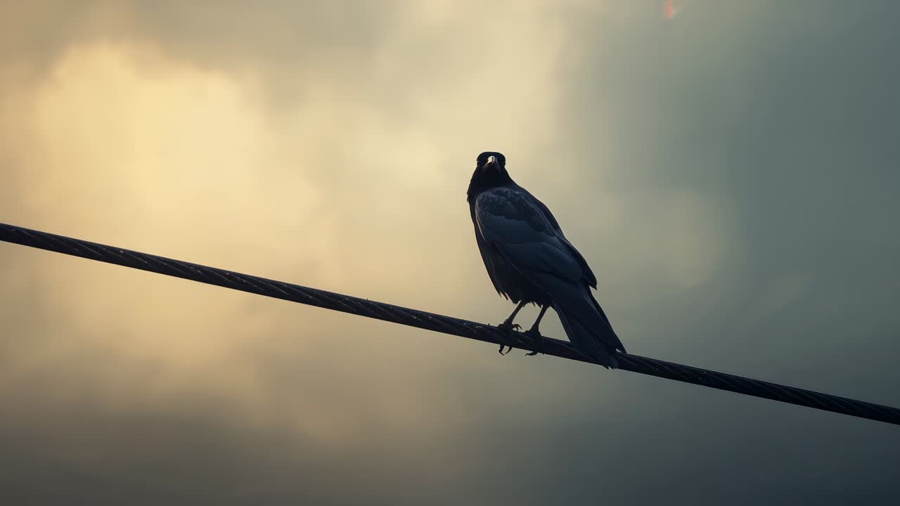 Clip di apertura che mostra un uccello solitario appollaiato su un cavo dell'alta tensione, che ruota la testa ed esamina l'ambiente circostante
