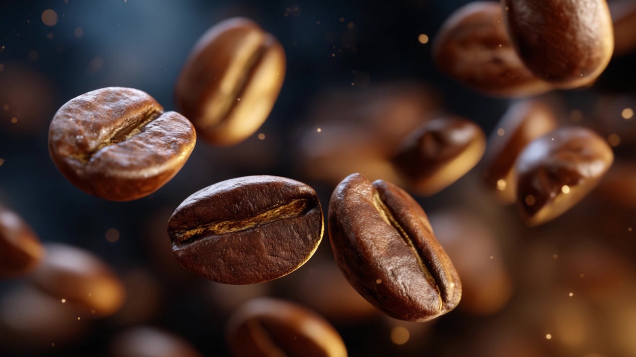 Svævende kaffebønner: En fantastisk fremvisning af rigdom og aroma fanget i luften, der fremhæver essensen og skønheden ved friskristet kaffe
