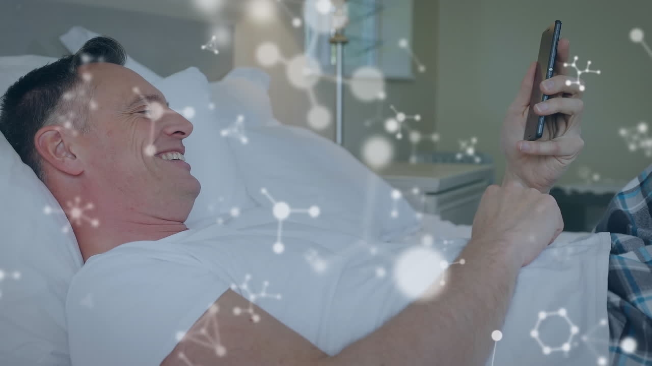 animación de moléculas sobre el hombre usando un teléfono inteligente