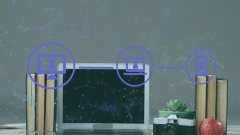 Animation-Von-Netzwerkverbindungen-Und-Digitalen-Symbolen-Vor-Bürogeräten-Auf-Einem-Holztisch