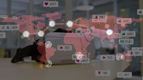 animation of network of connections with social media icons and numbers over vr headset