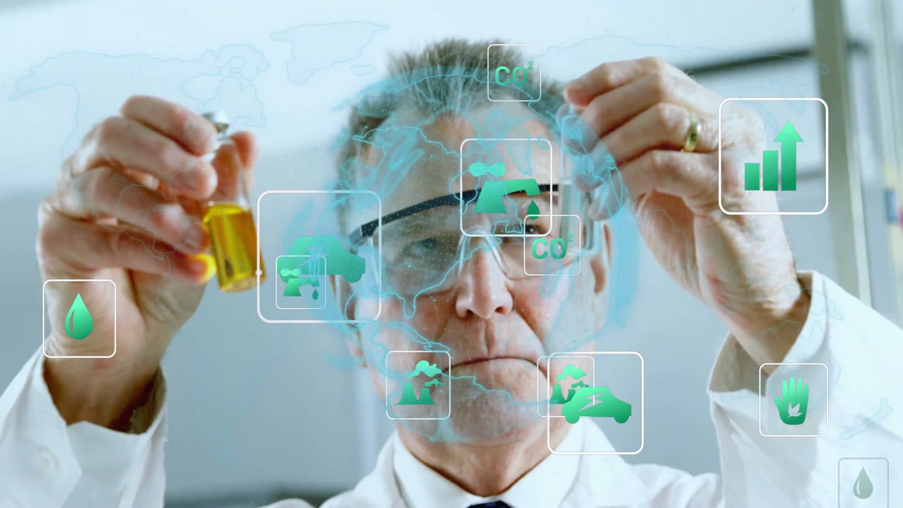 Senior chemist raising vial with eco icons, aligning test tube matching clarity for eco metrics