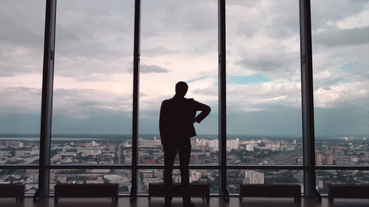 hombre de negocios contemplando la vista de la ciudad desde una ventana de gran altura