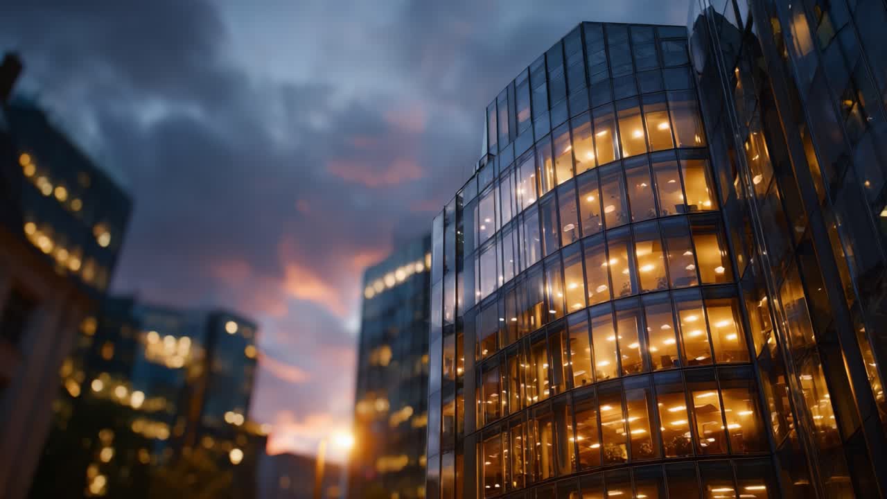 Crepúsculo sobre a arquitetura urbana: vistas cativantes de fachadas de edifícios de vidro modernos iluminadas pelo brilho do pôr do sol em uma paisagem urbana durante o crepúsculo