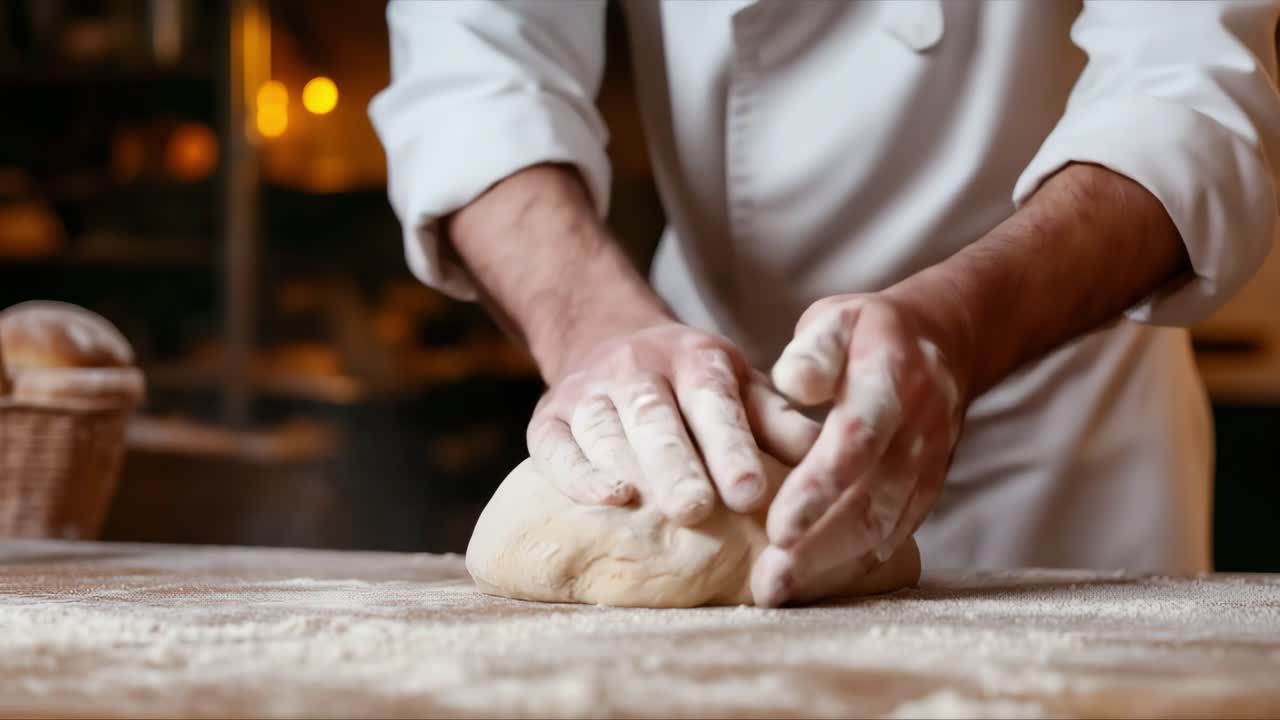 Baker kneads dough on a wooden surface, emphasizing the tactile process of bread making with flour dust and warm kitchen ambiance enhancing the scene