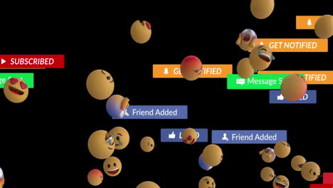 animación del texto de las redes sociales en banners con emojis sobre fondo negro