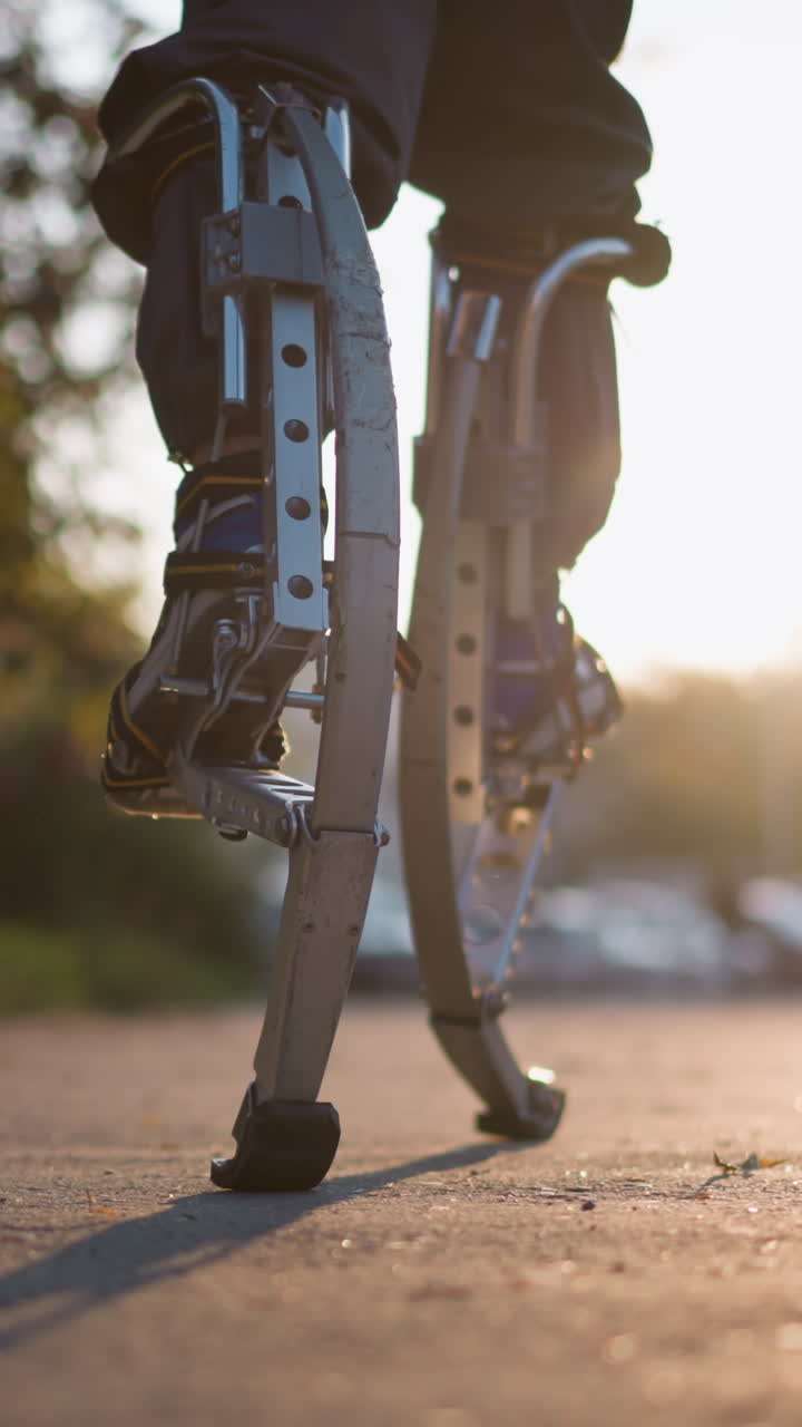vista de primer plano de las piernas caminando sobre pilotes de primavera en un entorno al aire libre suburbano con pantalones oscuros y zapatillas de deporte. el fondo presenta árboles borrosos, edificios y una calle.