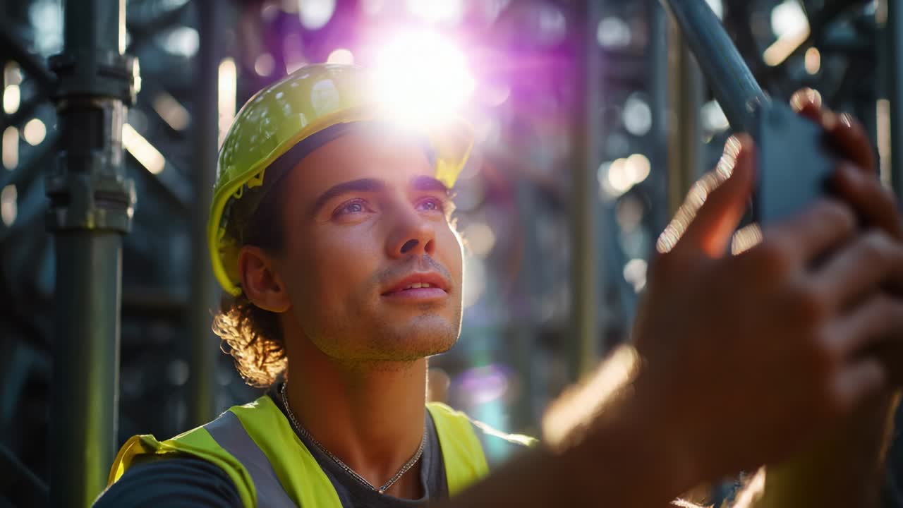 A Construction Worker with a Helmet and Headlamp Gazes Optimistically Towards the Sky, Capturing the Brilliance of Daylight as Sunlight Filters Through the Scaffolding Around Him in an Urban Environment