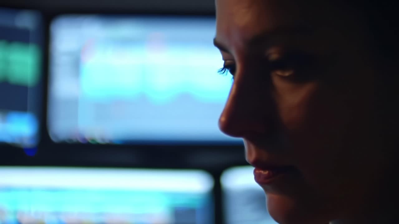 Woman focused on multiple computer monitors