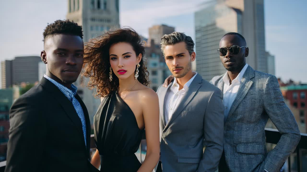 Group of Stylish People on a Rooftop in the City
