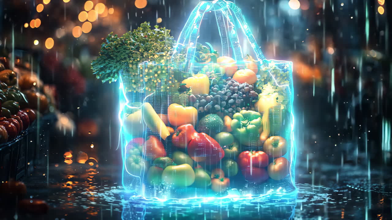 A bag of vegetables is glowing in the dark. The bag is filled with a variety of vegetables including carrots, peppers, and grapes. The glowing effect gives the image a surreal and dreamlike quality