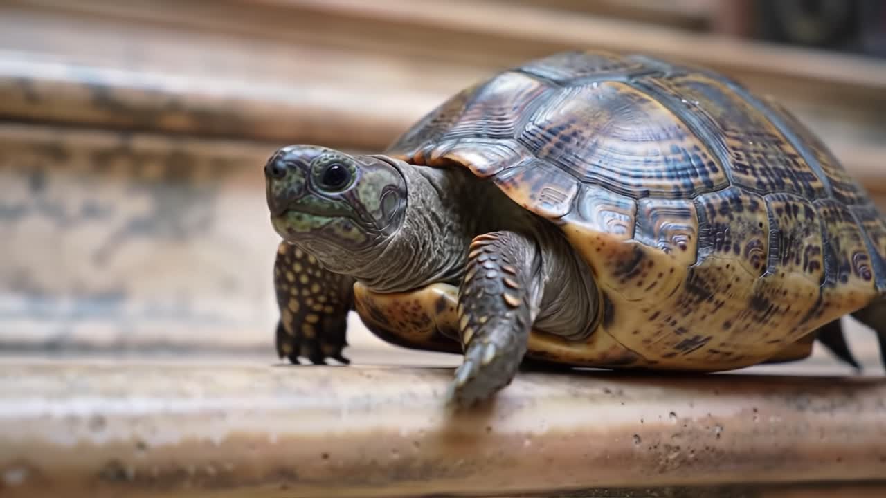 A Resilient Tortoise Climbing a Smooth Surface, Showcasing Its Unique Shell Patterns and Determined Nature in an Engaging Close-Up Perspective
