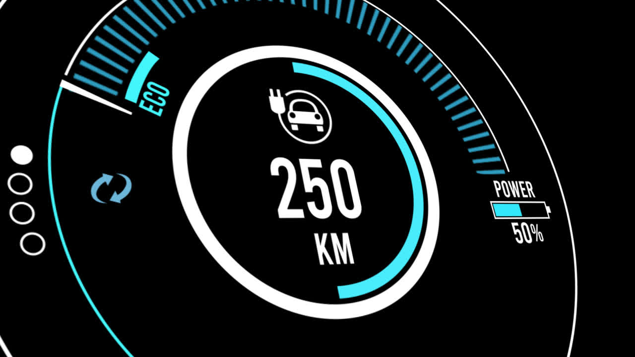 Electric Car Dashboard Display. Electric Car Charging Indicating The Progress Of The Charging, Electric Vehicle Battery Indicator Showing An Increasing Battery Charge