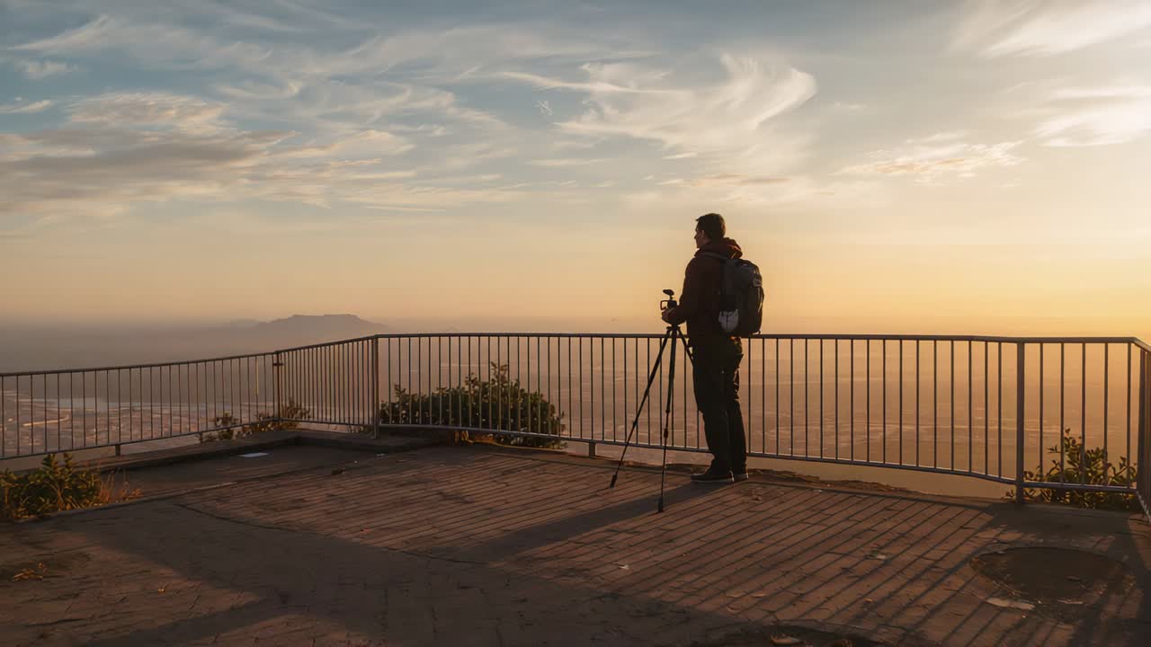 Solnedgang. Fotograf justerer stativkamera på udkigsrækværk med rygsæk på – plads til tekst