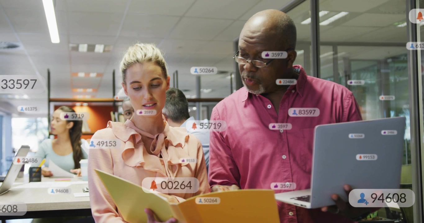 Businesswoman and man checking folder and laptop, causing numeric badges rising around them