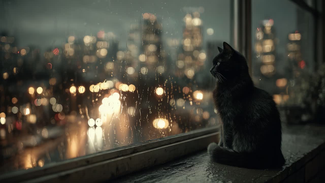 A Solemn Cat Gazes Out the Rain-Soaked Window, Captivated by the City Lights and Urban Ambience on a Gloomy Evening
