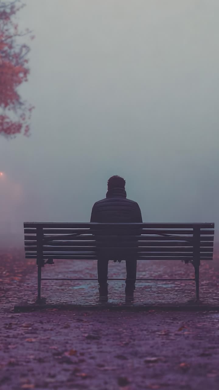 Una figura solitaria contempla la vita da una panchina vuota in un ambiente nebbioso, evocando sensazioni di isolamento e riflessione in un'atmosfera misteriosa