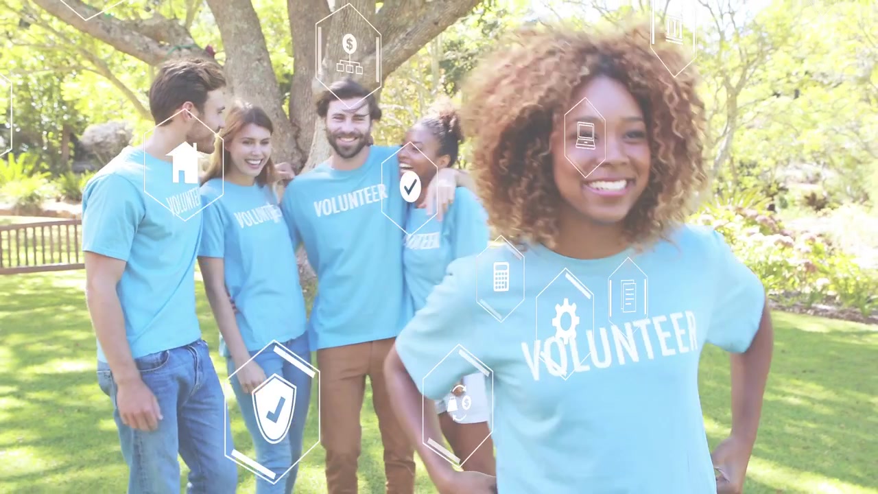 Volunteers hugging then curly woman stepping forth showing cleanup hexagon UI overlaying green bags