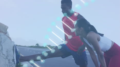 Man and woman stretching on roadside with DNA strand animation overlay