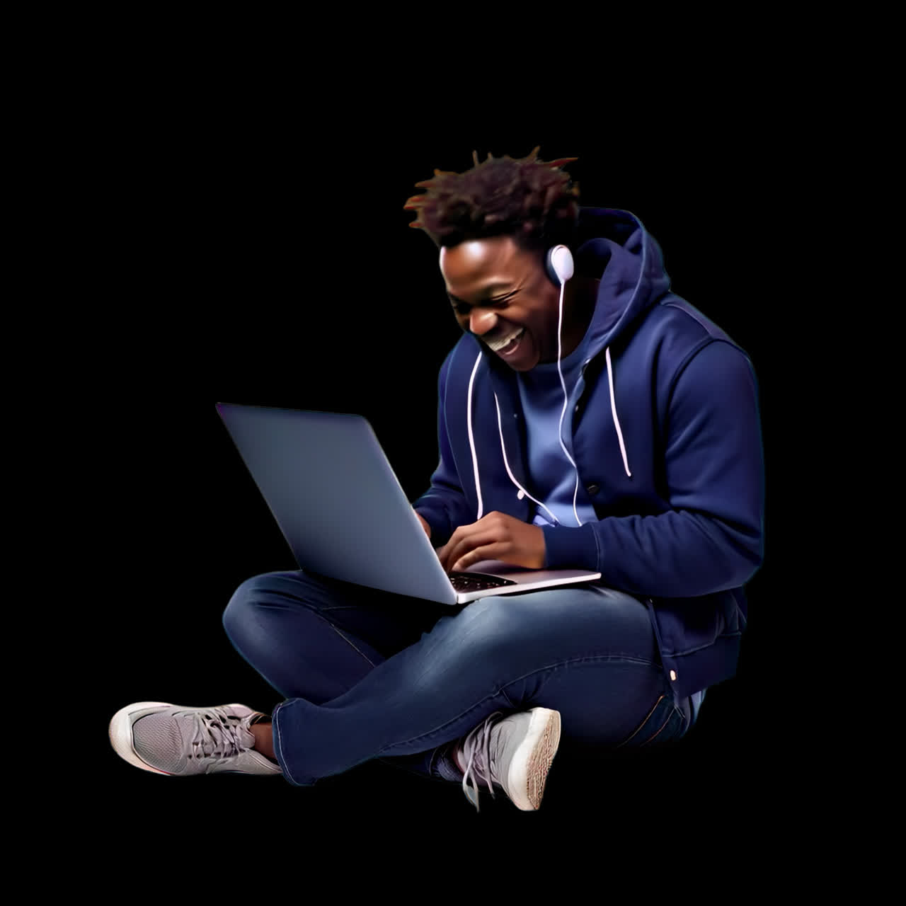 Afroamerikansk mand, der griner af laptop animation isoleret aktiv, transparent 4K-video, alpha