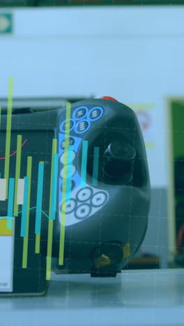 animación del procesamiento de estadísticas sobre robots y máquinas en el fondo del almacén