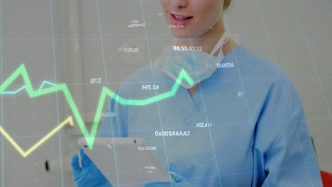 Animation-of-statistical-data-processing-over-caucasian-female-doctor-using-tablet-at-hospital