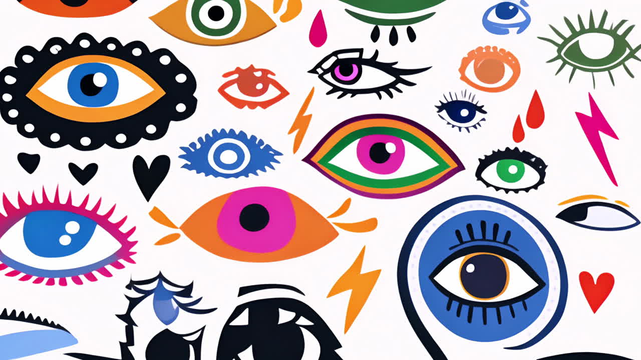 Colorful eyes and abstract shapes animation on white background