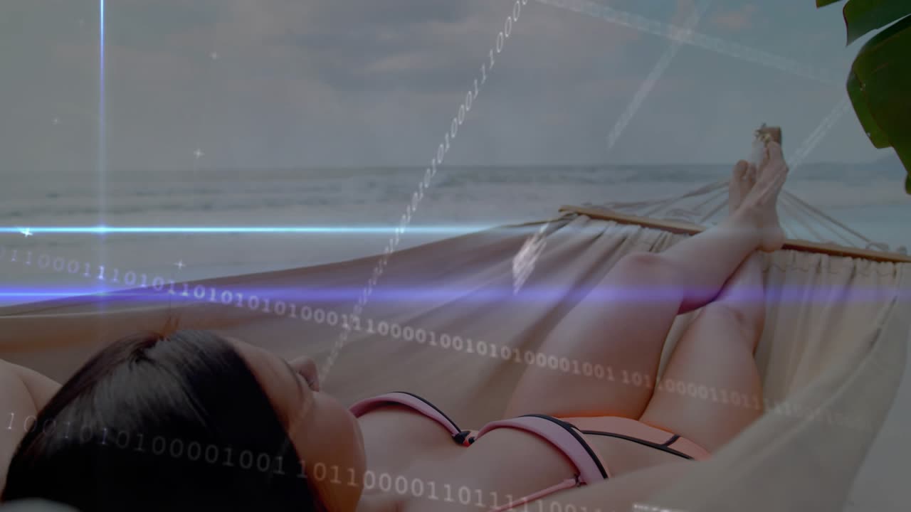 Woman reclining in hammock as scene evolving streaming code and beams enveloping ocean with tech