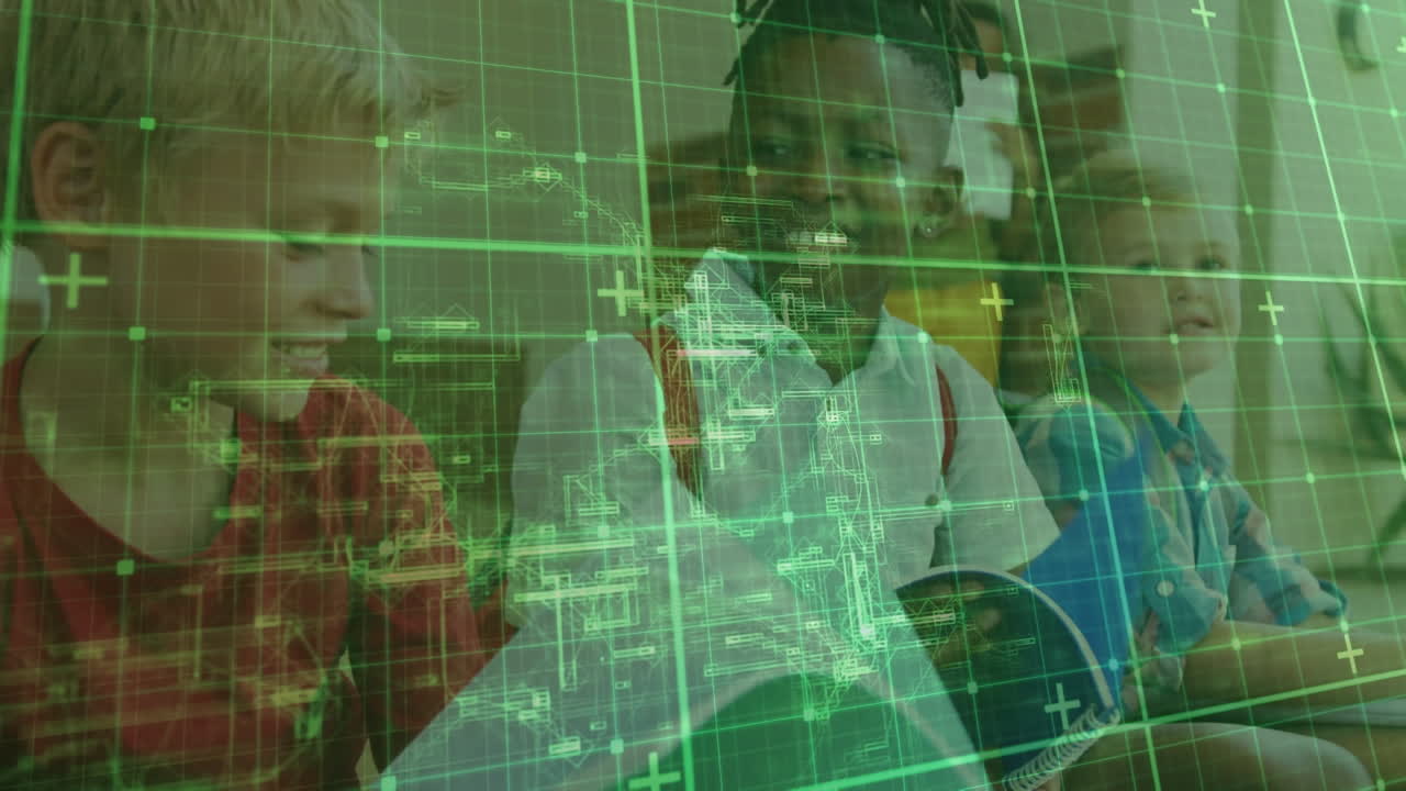 Animation of squares moving over happy diverse schoolchildren talking with books