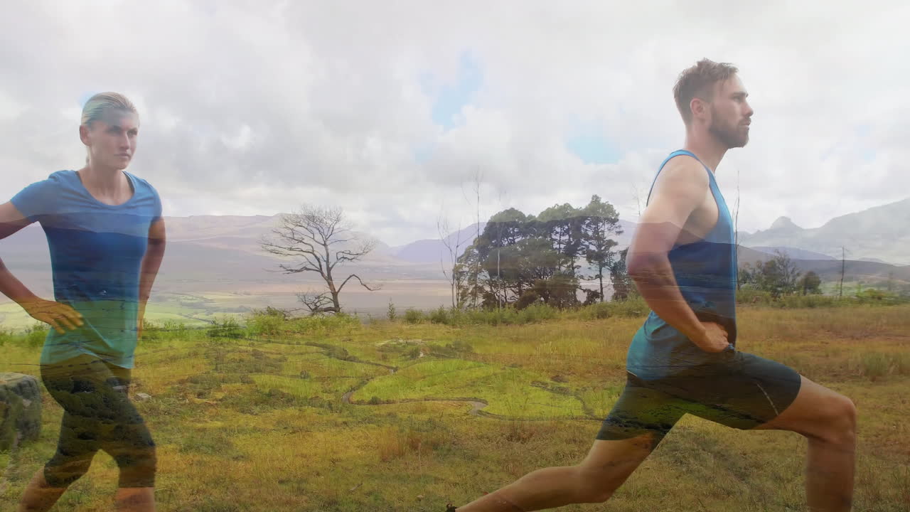 Exercising outdoors, two people stretching with scenic landscape in background