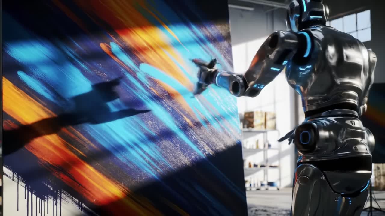 A Futuristic Robot Artist Creating a Vivid Spray-Painted Masterpiece on a Canvas in a Bright, Urban Studio Environment