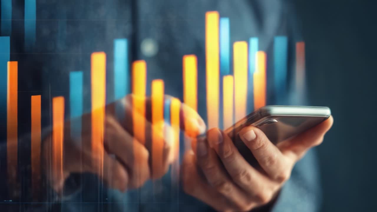 A close-up view of a person using a smartphone while navigating through dynamic data visualizations showcasing vibrant graphs and analytical insights in a modern setting