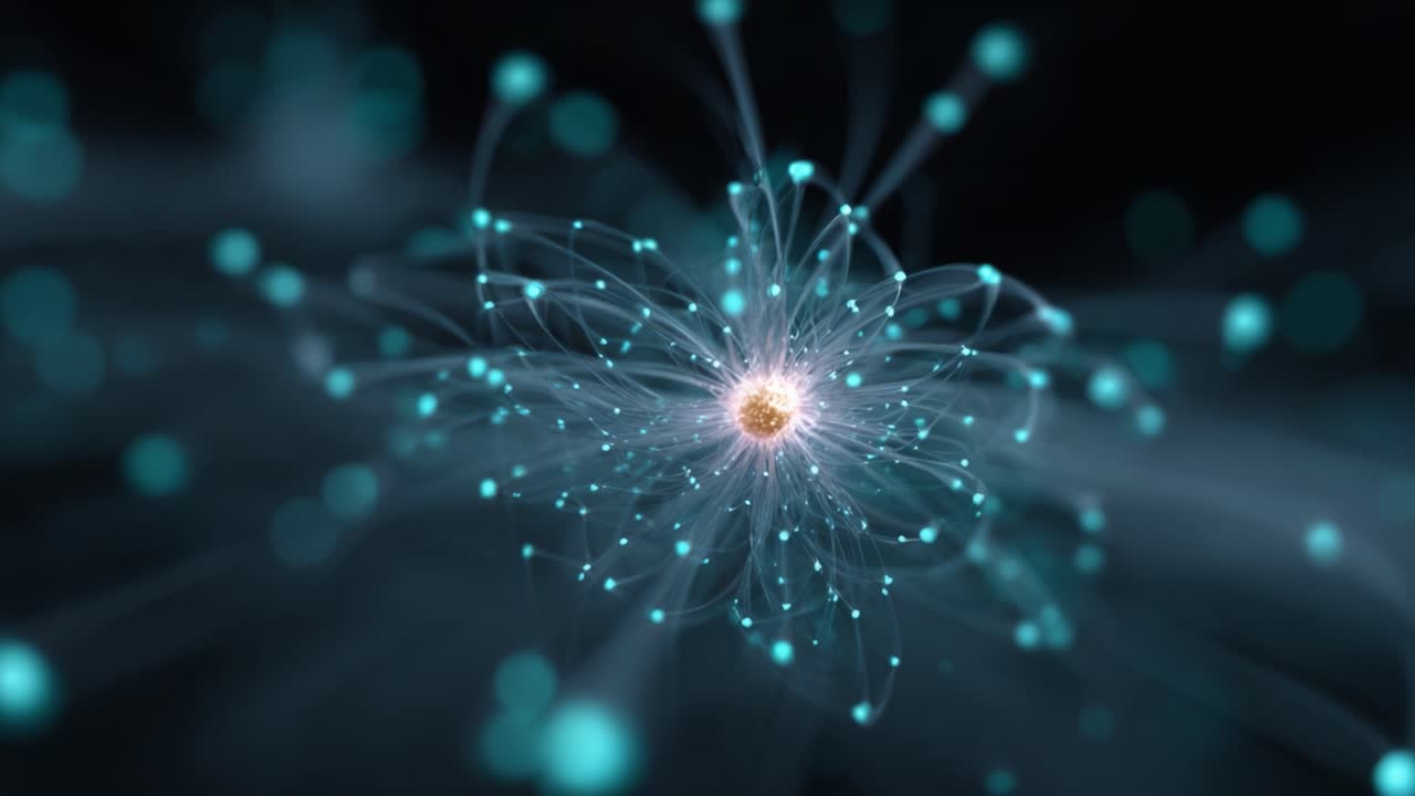 Dynamic Visualization of Atomic Particles Exemplifying Quantum Movements in a Nebula-Like Atmosphere with Radiating Light Effects and Intricate Connections
